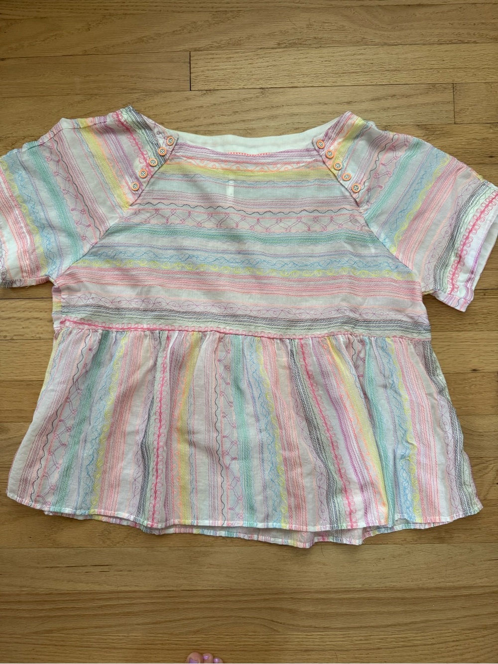 Anthropologie Small Letty Striped Embroidered Pastel Neon Cotton Babydoll Top
